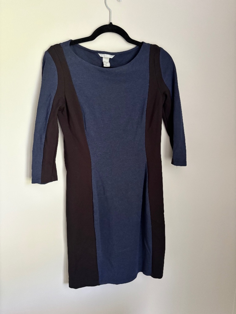 H&M Colorblock Bodycon Dress Small Navy Blue Black 3/4 Sleeve Stretch
